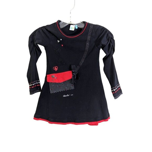 Nano Girls Red Black Dress 5 Embellished Pocket Bow Hearts Long Sleeve Artsy - Picture 1 of 7